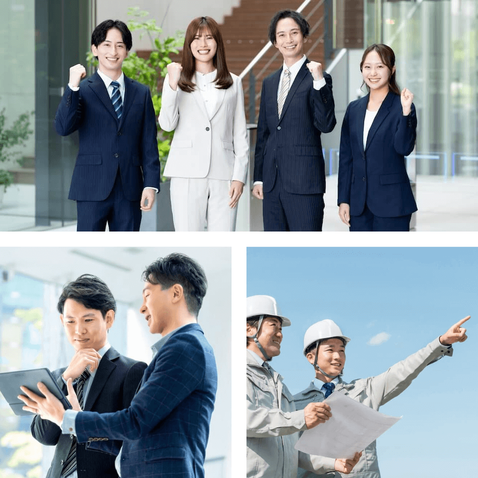 スーツ姿の社員と現場スタッフが働く様子